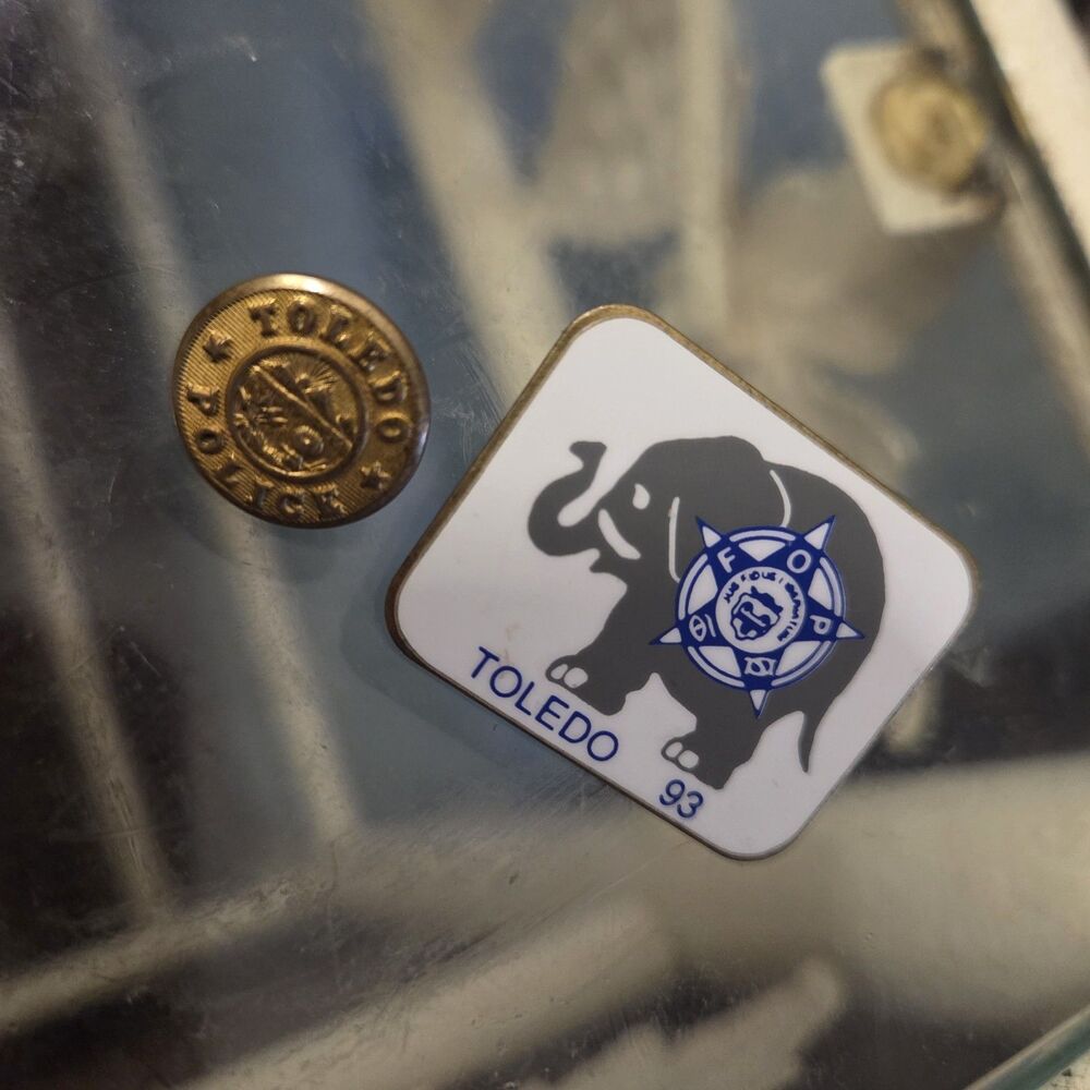 Vintage Toledo Police Brass Uniform Button & 1993 FOP Elephant Pin Union Made US
